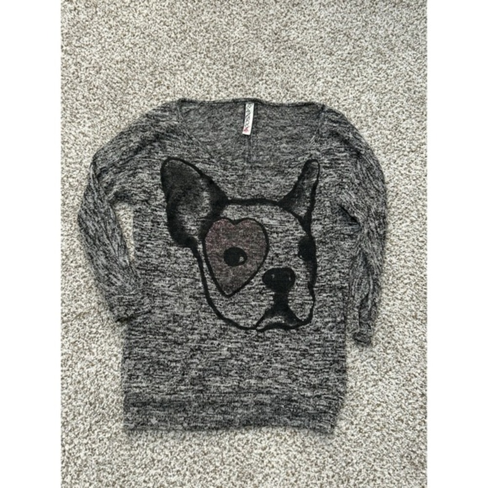French Bulldog Women's Sweater‎ Sz M Gray Dog Lover Eye Patch Lightweight Pet